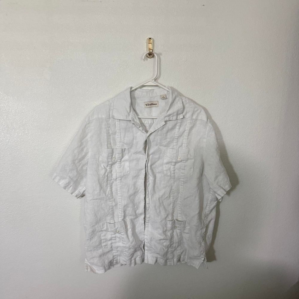 Caribbean Guayabera Shirt Mens Large White 100% Linen Button Front Resort